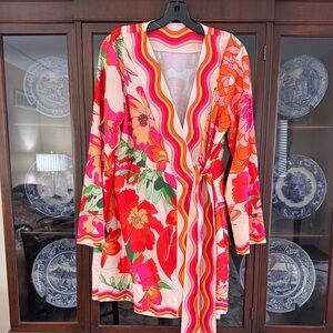 Vibrant Floral Wrap Dress in Pink, Red & Orange